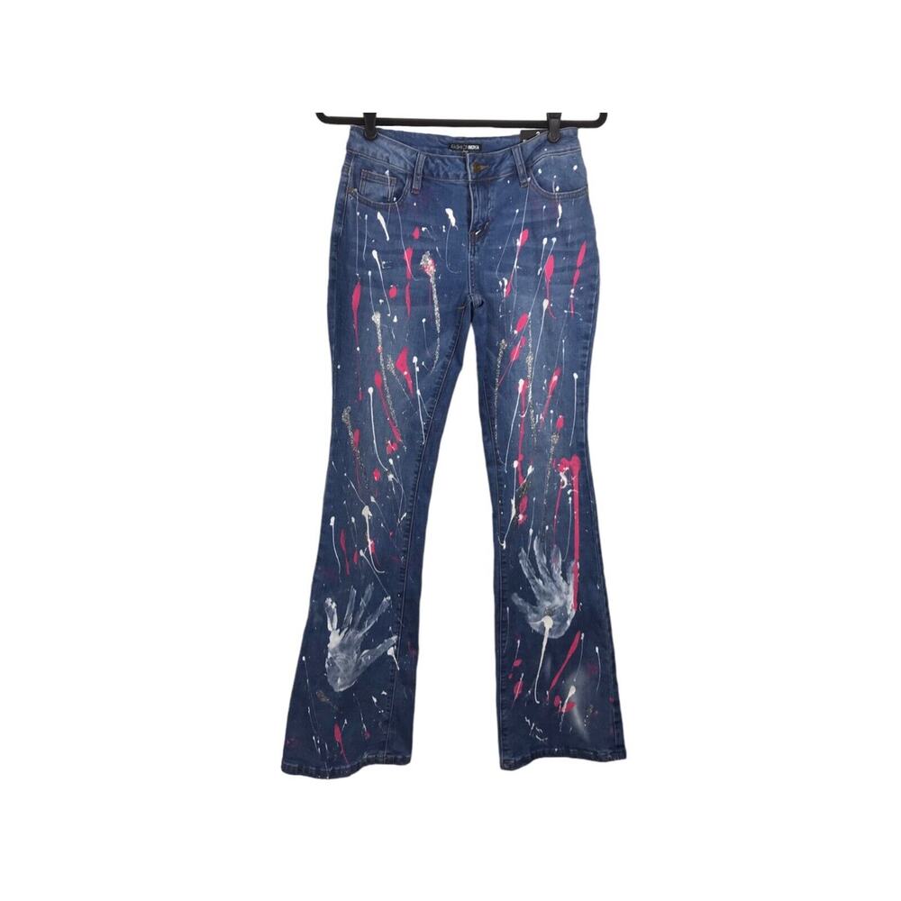 Fashion Nova Jeans Size 3 Peace And Music Low Rise Flare Medium Blue Wash